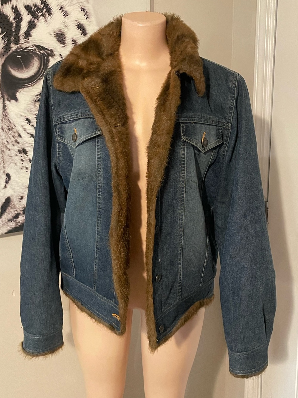 Vintage Martin Richards Faux Fur-Lined Denim Jacket Y2K 90s grunge warm L coat